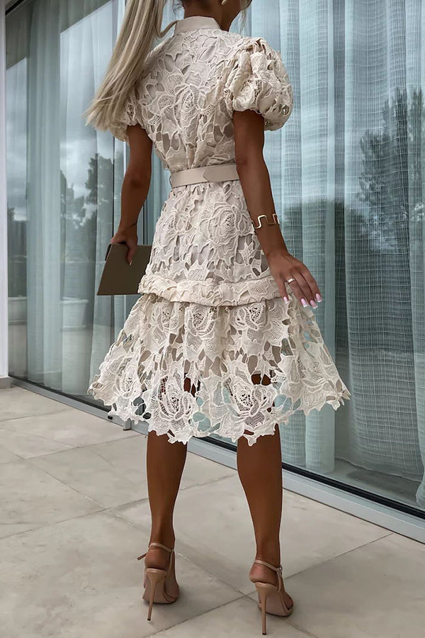 JO | Absolutely Elegant Floral Crochet Lace Puff Sleeve Belted Shirt Midi Dress