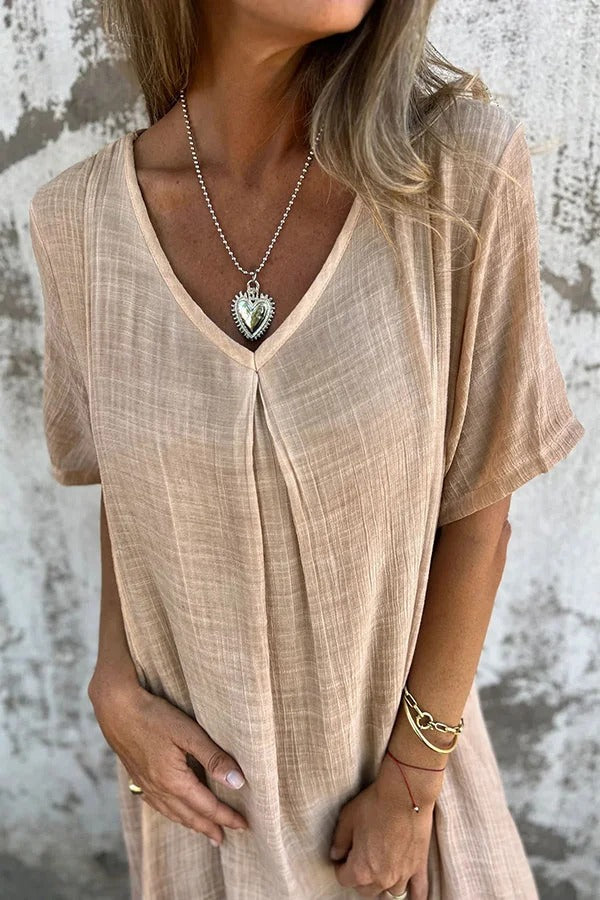 JO | Bayside Bliss linen blend short sleeve pleated loose midi dress