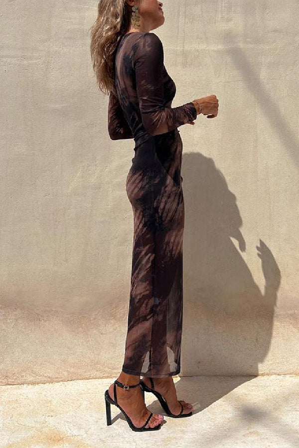 JO | Charm Lady Mesh Overlay Tie Dye Print Long Sleeve Ruffled Stretch Midi Dress