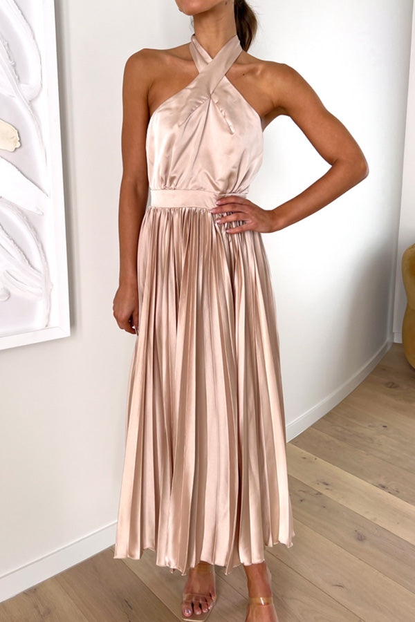 JO | Beaming Smile satin halterneck pleated midi dress