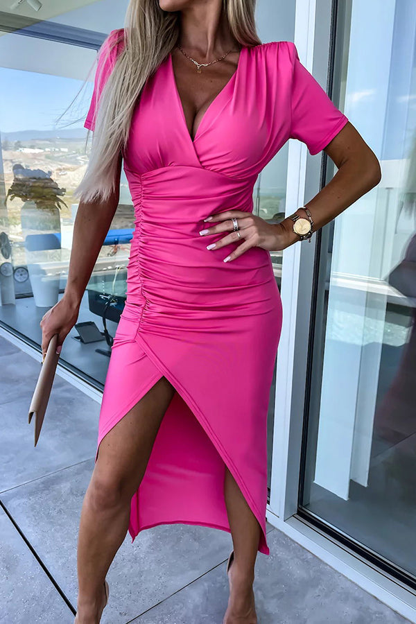 JO | Lucky To Have You Padded shoulders Gathered midi dress with slit