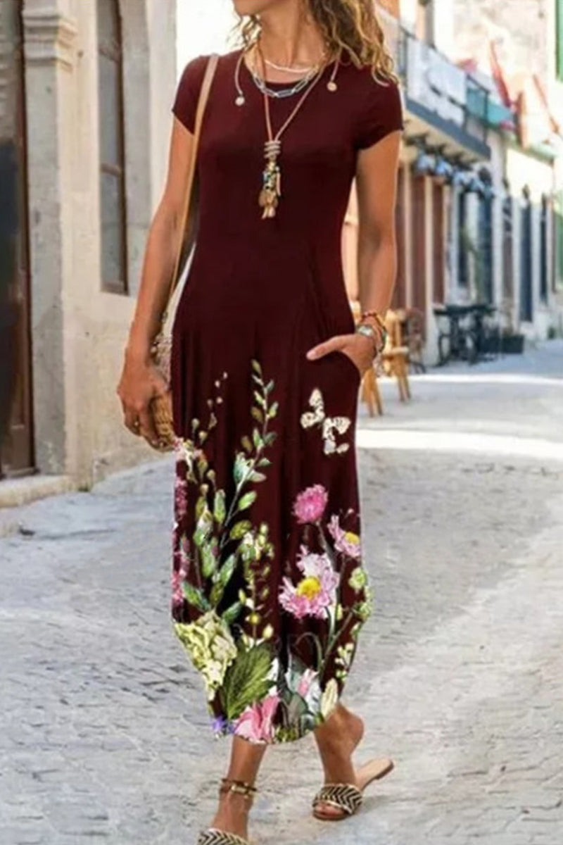 JO | Casual Street Print Patchwork O Neck Short Sleeve Dresses Dresses (10 Colors)