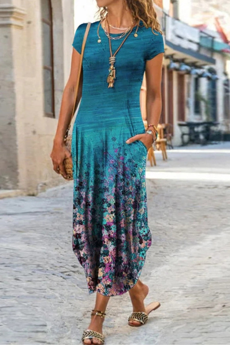 JO | Casual Street Print Patchwork O Neck Short Sleeve Dresses Dresses (10 Colors)