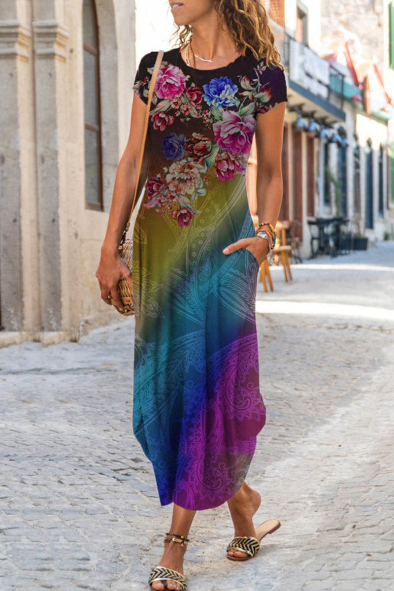 JO | Casual Street Print Patchwork O Neck Short Sleeve Dresses Dresses (10 Colors)