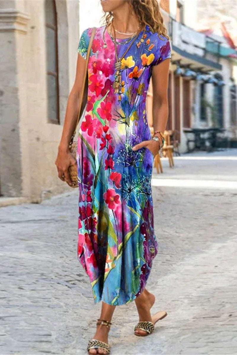 JO | Casual Street Print Patchwork O Neck Short Sleeve Dresses Dresses (10 Colors)