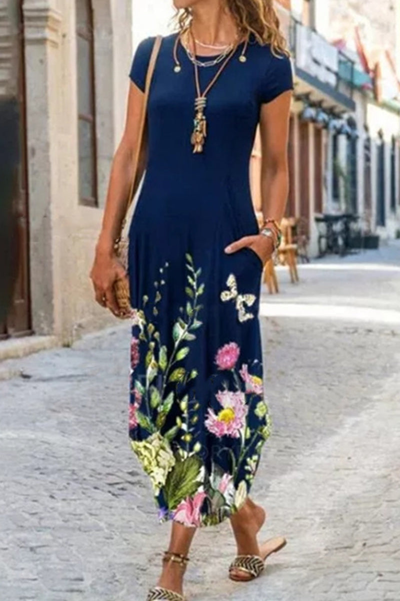 JO | Casual Street Print Patchwork O Neck Short Sleeve Dresses Dresses (10 Colors)
