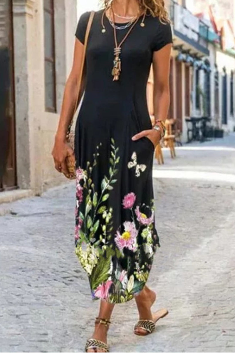 JO | Casual Street Print Patchwork O Neck Short Sleeve Dresses Dresses (10 Colors)