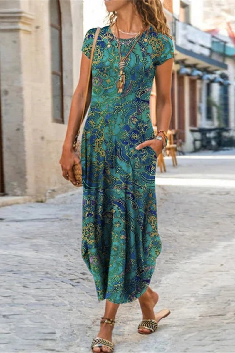 JO | Casual Street Print Patchwork O Neck Short Sleeve Dresses Dresses (10 Colors)