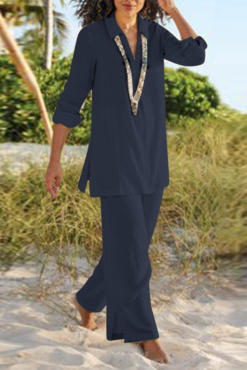 JO | Casual Solid Slit V-Neck Long Sleeve Two-Piece(4 Colors)