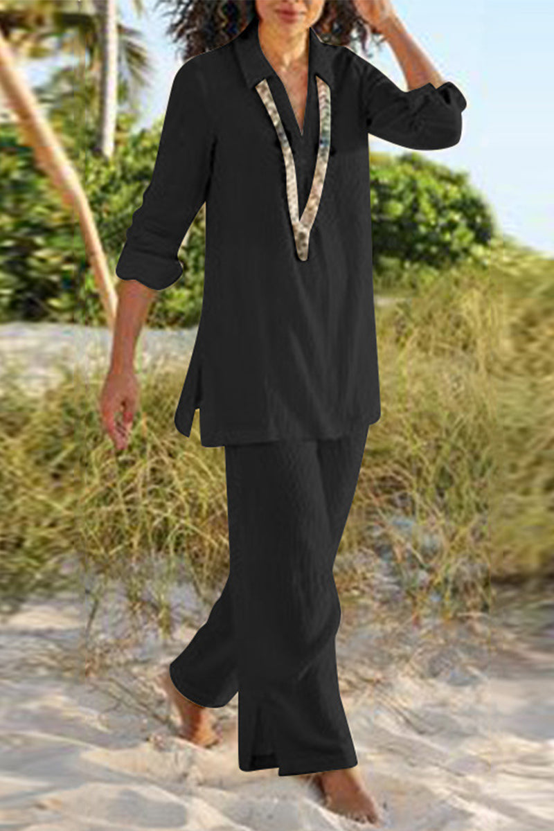 JO | Casual Solid Slit V-Neck Long Sleeve Two-Piece(4 Colors)