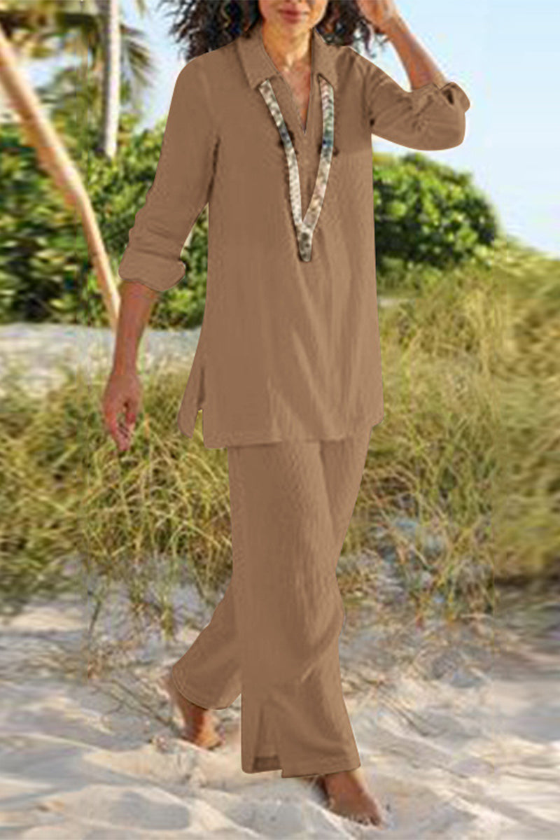 JO | Casual Solid Slit V-Neck Long Sleeve Two-Piece(4 Colors)