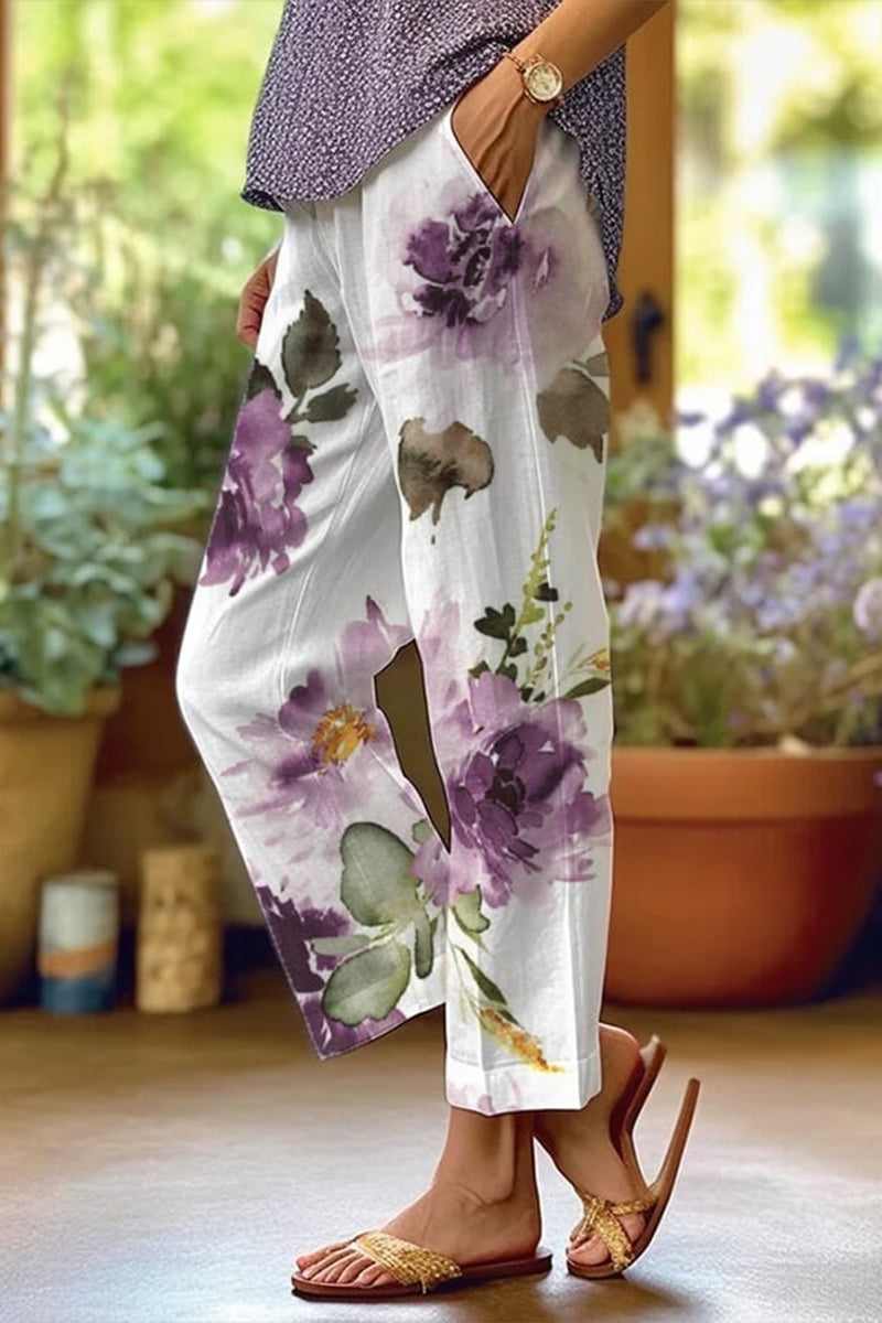 JO | Casual Floral Patchwork Loose Mid Waist Straight Full Print Bottoms(6 Colors)