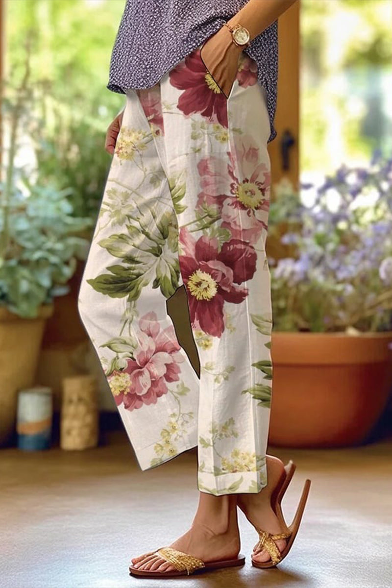 JO | Casual Floral Patchwork Loose Mid Waist Straight Full Print Bottoms(6 Colors)