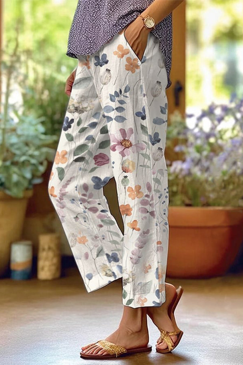 JO | Casual Floral Patchwork Loose Mid Waist Straight Full Print Bottoms(6 Colors)