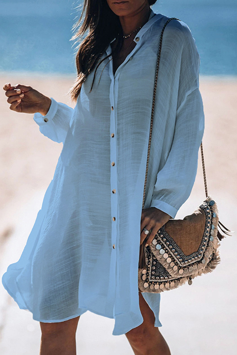 JO | Casual Vacation Solid Color Buckle Sea-Through Swimwears Cover Up(5 Colors)