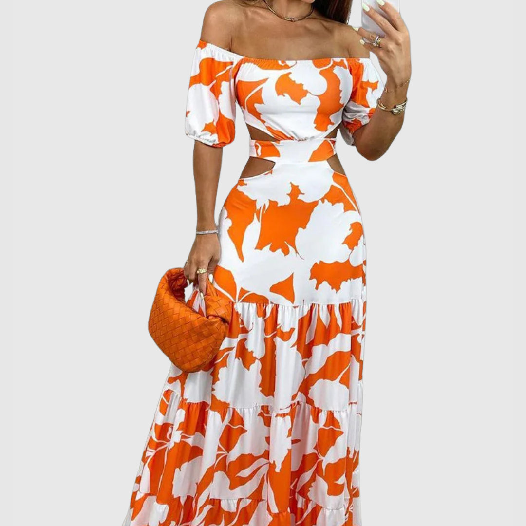 JO | Elegant midi dress with irregular grain and neckline