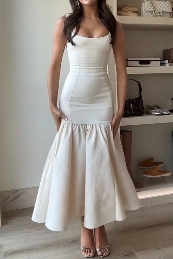 JO | Graceful Silhouette Square Neckline Wide Strap Drop Waist Midi Dress
