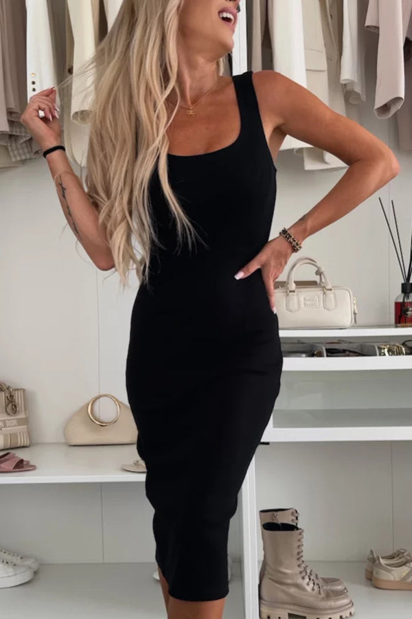 JO | Comfort and femininity rib knit tank slit stretch midi dress