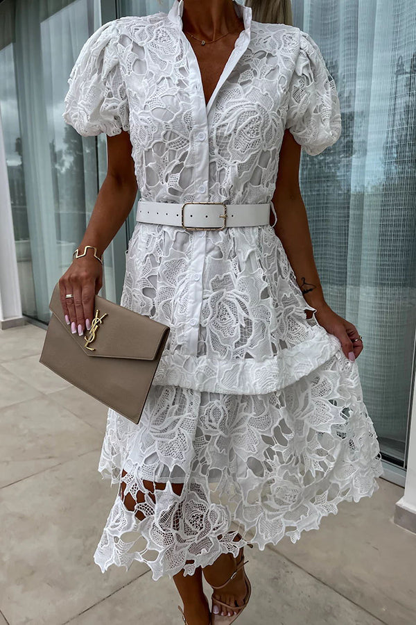 JO | Absolutely Elegant Floral Crochet Lace Puff Sleeve Belted Shirt Midi Dress