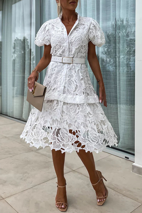 JO | Absolutely Elegant Floral Crochet Lace Puff Sleeve Belted Shirt Midi Dress
