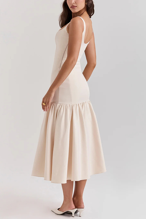 JO | Graceful Silhouette Square Neckline Wide Strap Drop Waist Midi Dress