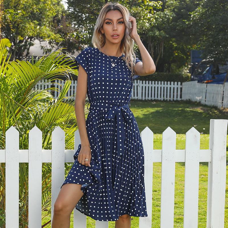 JO | Summer Women Polka Dot Short Sleeve Dress Casual Bandage Party Pleated Midi Dresses Elegant Green Office Lady Clothes