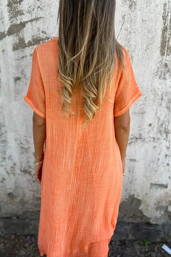 JO | Bayside Bliss linen blend short sleeve pleated loose midi dress