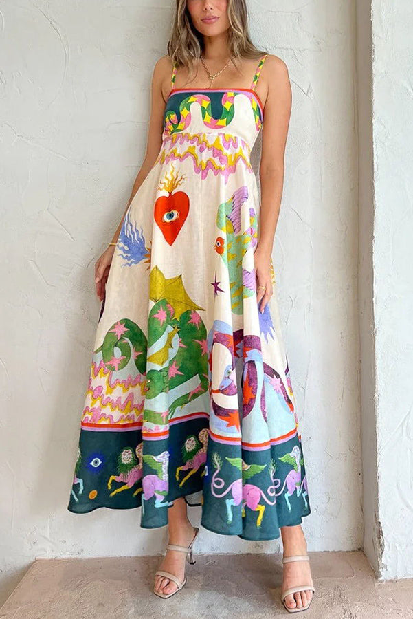 JO | Feel Effortlessly Linen Blend Unique Print Smocked Back Midi Dress