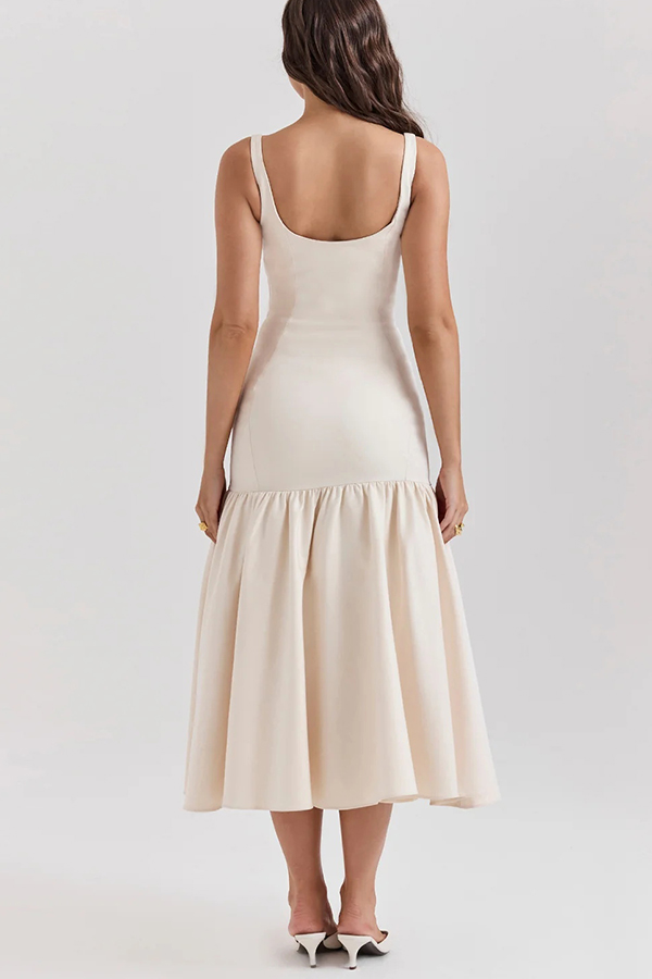 JO | Graceful Silhouette Square Neckline Wide Strap Drop Waist Midi Dress
