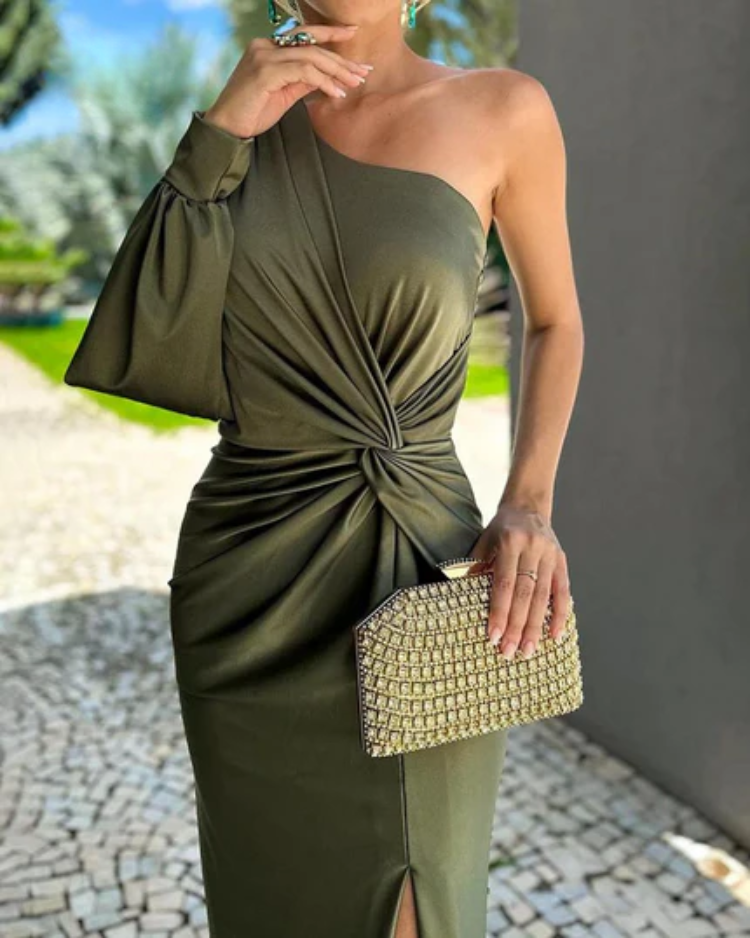JO | Asymmetric ruched bandage midi dress