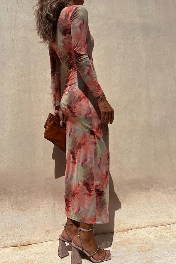 JO | Charm Lady Mesh Overlay Tie Dye Print Long Sleeve Ruffled Stretch Midi Dress
