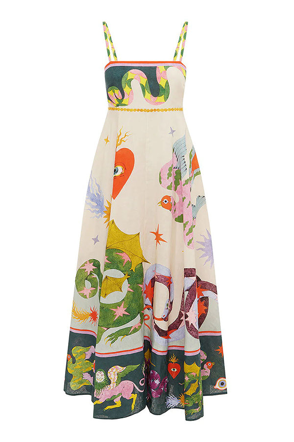 JO | Feel Effortlessly Linen Blend Unique Print Smocked Back Midi Dress
