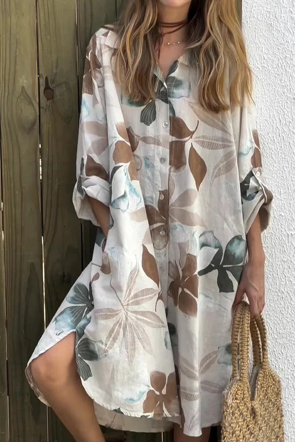 JO | Botanical Print Long-sleeved, single-breasted, loose midi dress with pockets