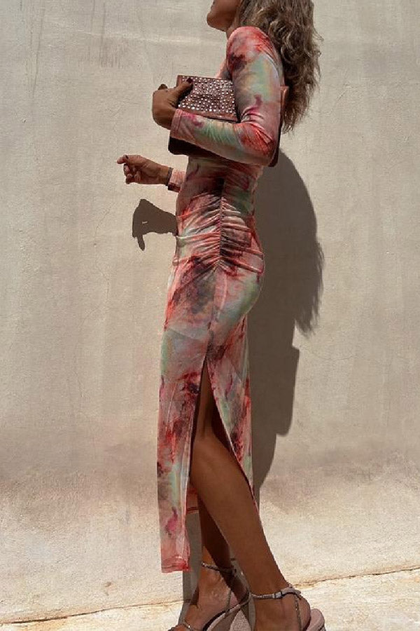 JO | Charm Lady Mesh Overlay Tie Dye Print Long Sleeve Ruffled Stretch Midi Dress