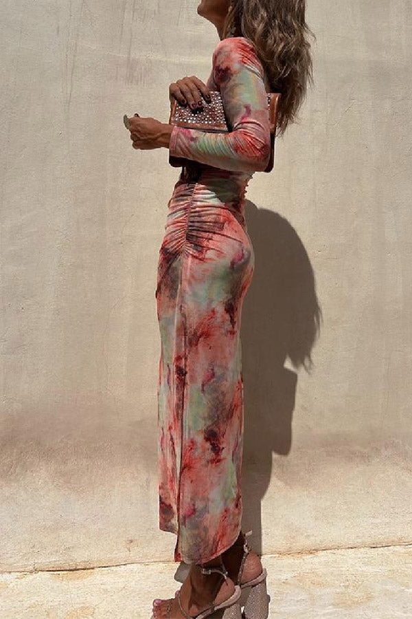 JO | Charm Lady Mesh Overlay Tie Dye Print Long Sleeve Ruffled Stretch Midi Dress