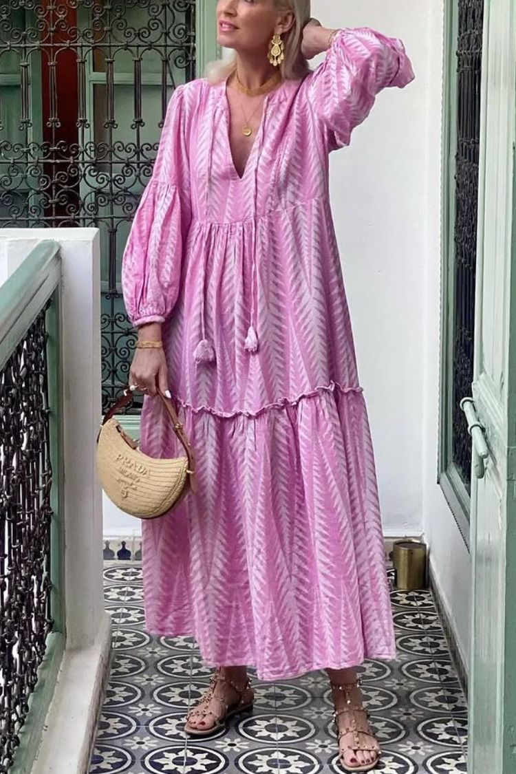 JO | Marrakech Stories Linen blend printed midi dress with balloon sleeves and A-line pockets