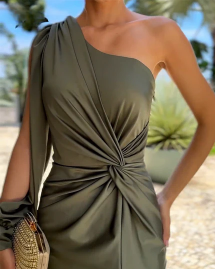 JO | Asymmetric ruched bandage midi dress