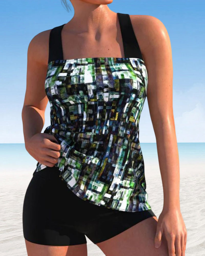 JO | Printed tankini swimming costume with square neckline