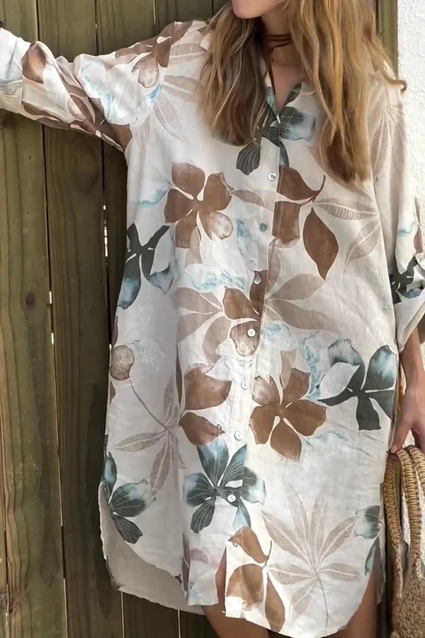 JO | Botanical Print Long-sleeved, single-breasted, loose midi dress with pockets