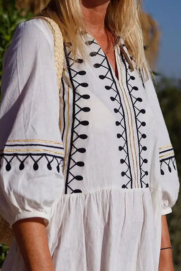 JO | V-neck Casual Loose Embroidered Midi Sleeve Midi Dress