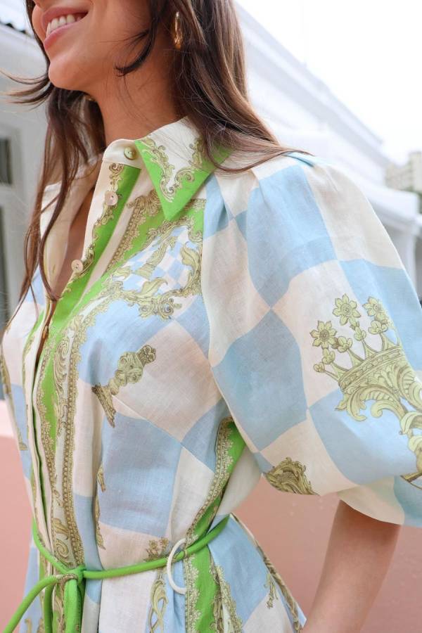 JO | Unique Printed long sleeve shirt midi dress with drawstring pocket