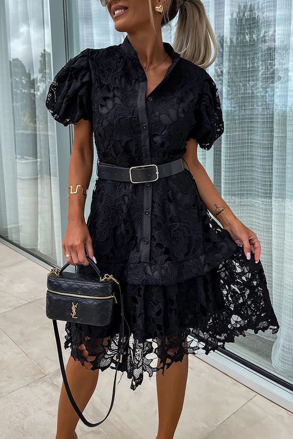 JO | Absolutely Elegant Floral Crochet Lace Puff Sleeve Belted Shirt Midi Dress