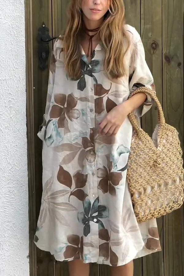 JO | Botanical Print Long-sleeved, single-breasted, loose midi dress with pockets