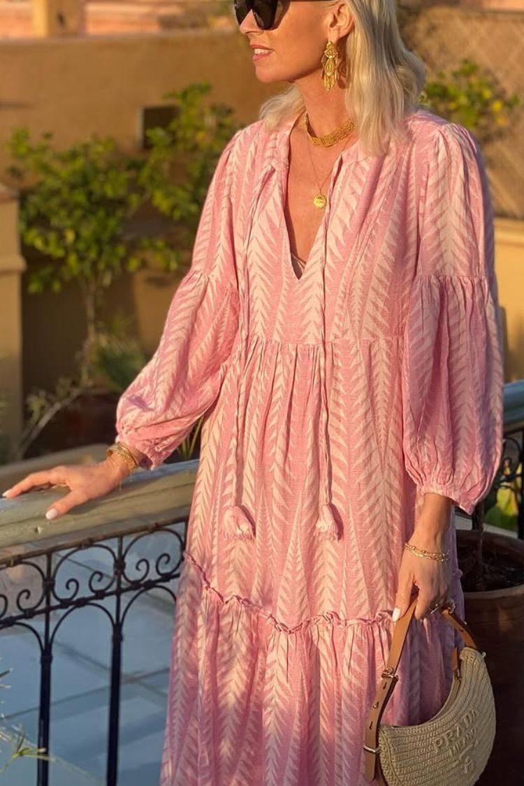JO | Marrakech Stories Linen blend printed midi dress with balloon sleeves and A-line pockets