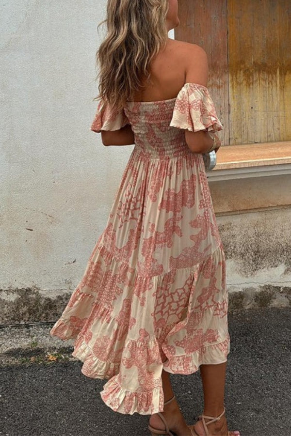 JO | Pitaya Unique Print Off Shoulder Smocked Ruffle Sleeve Layered Midi Dress