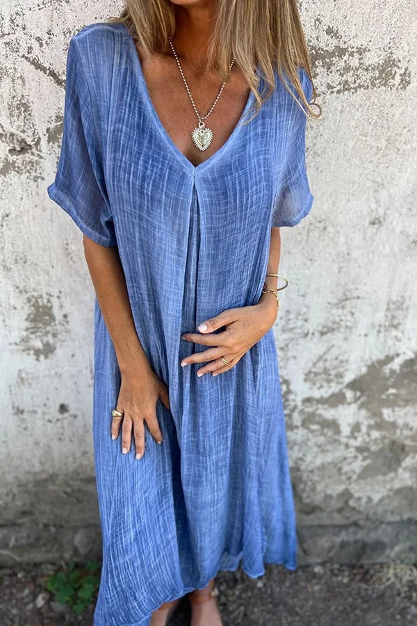 JO | Bayside Bliss linen blend short sleeve pleated loose midi dress