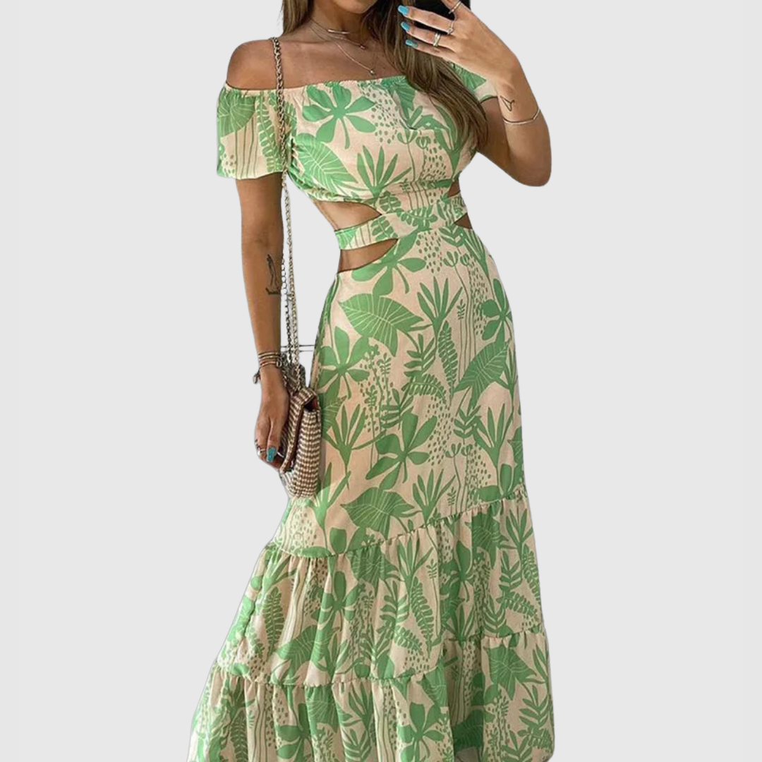 JO | Elegant midi dress with irregular grain and neckline