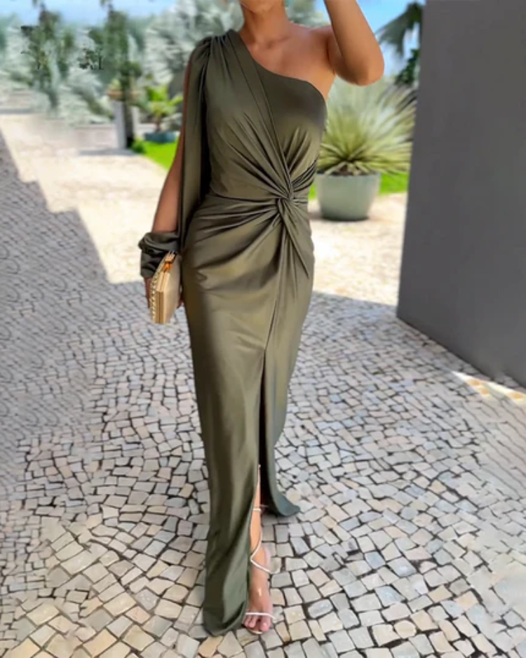JO | Asymmetric ruched bandage midi dress