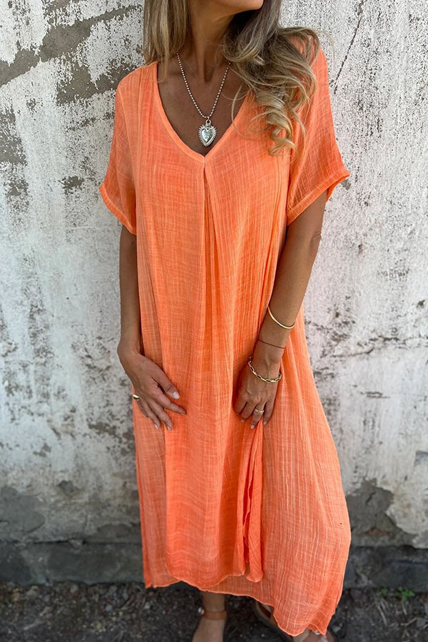 JO | Bayside Bliss linen blend short sleeve pleated loose midi dress