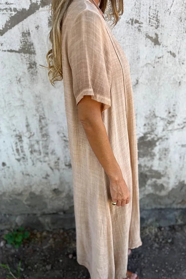 JO | Bayside Bliss linen blend short sleeve pleated loose midi dress